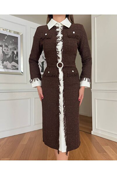 Siseniorita Midi Dress Tweed Jacket with Fringes - Buckle Drawstring and Contrast Collar