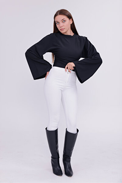 happinice بلوزة نسائية سوداء أنيقة ذات مظهر ساتان بأكمام واسعة