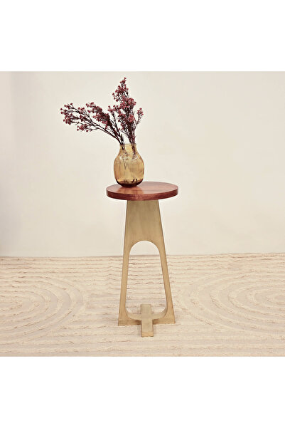 Crafted by Lifestyle Home Carving Wooden Top Round Side Table with Metal Base - 60x30x60 cms
