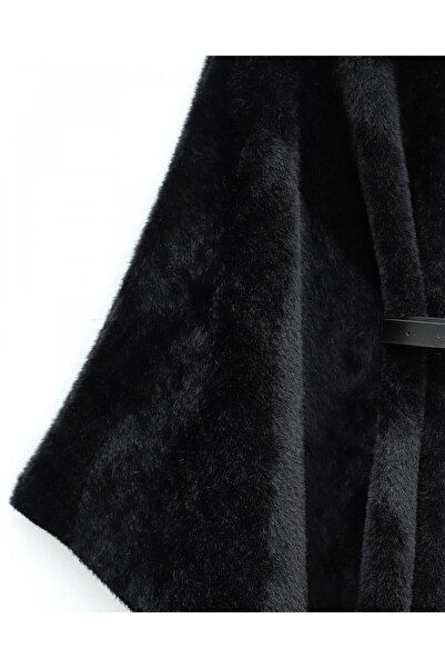 Modamorfo Gold Button Detail Belted Alcantara Poncho -Black