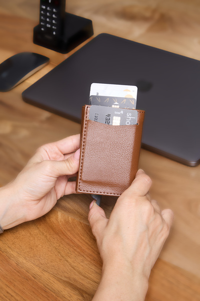 V LEATHER ATELİER Premium Automatic Mechanism Leather Wallet Rfid Protected Special Boxed Shipping Tan