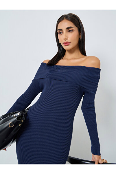 Styli Blue Bardot Neck Sweater Midi Dress