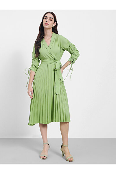 Styli Accordion Pleated Wrap Front Maxi Dress