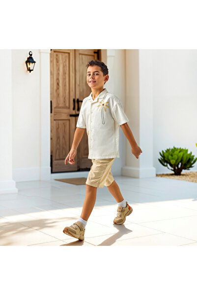 ELIGO Embroidered Shirt with Camp Collar and Short Sleeves