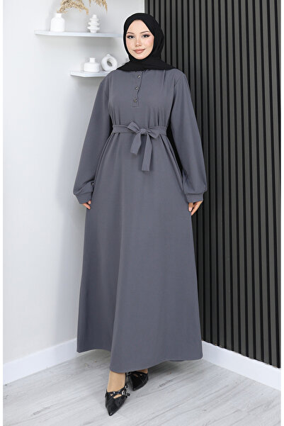 sefamerve Φόρεμα με ζώνη με μισό κουμπί από ύφασμα κατάδυσης 2167-03 Γκρι