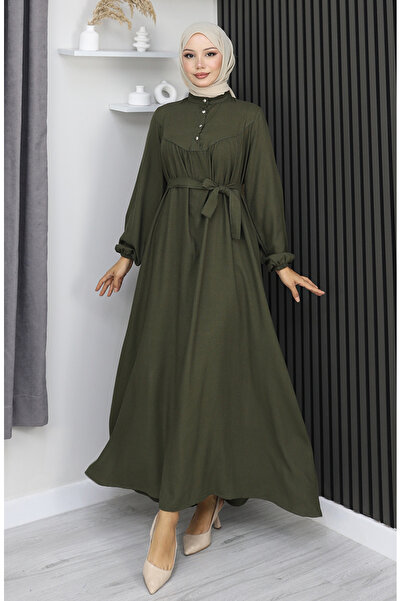sefamerve Φόρεμα με ζώνη με μισό κουμπί από ύφασμα Belmando 2166-04 Χακί