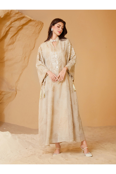 Take Two By Styli Beige Textured Sequins Embellished Jalabiya