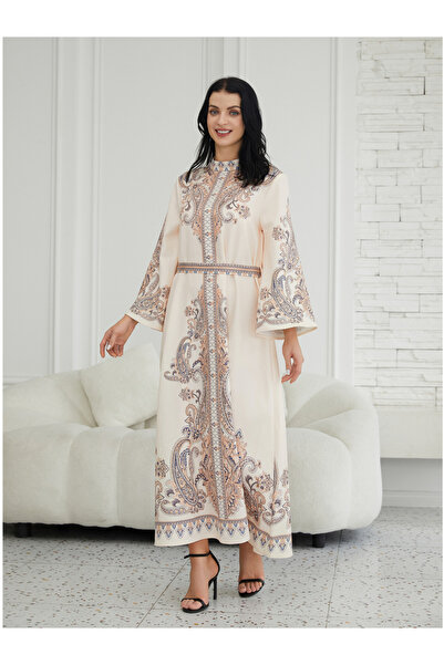 Take Two By Styli Printed Embellished High Neck Long Sleeve Jalabiya