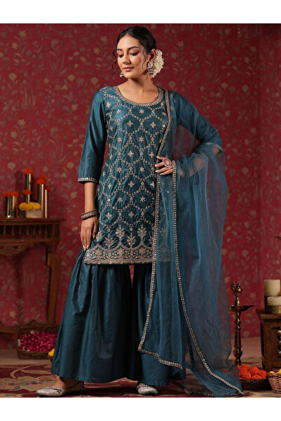 Ishin By Styli Teal Silk Blend Kurta with Pants and Dupatta Set