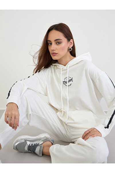 Styli Off White Printed Longline Hoodie and Joggers Co-Ords