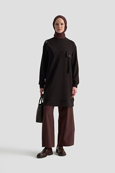 Armine Omuz Çapraz Fermuar Detaylı Tunik - Siyah