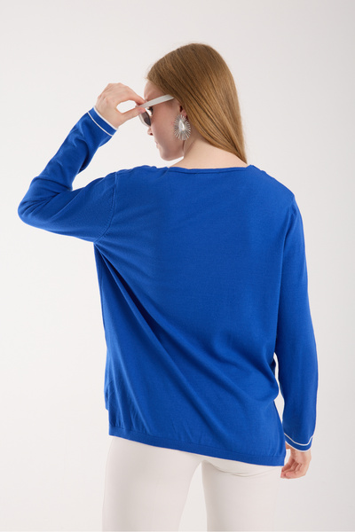 Clothes Fast Women's Cobalt Blue Contrast Piped and Side Slit V-Neck Knitwear Blouse