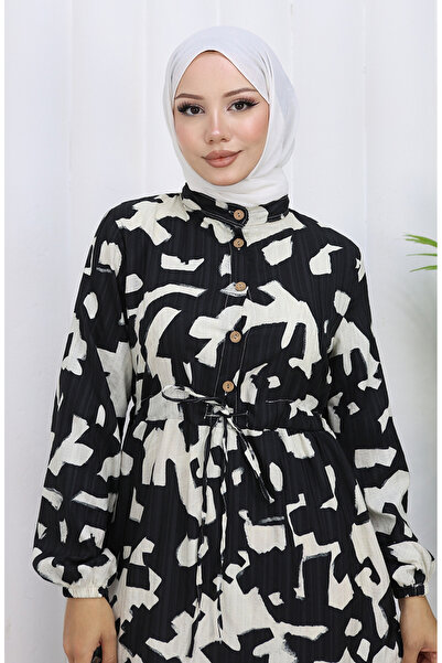 sefamerve Hakim Yaka Beli Lace-Up Patterned Dress 0191-01 Black