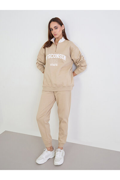 Styli طقم سويت شيرت بني طويل مع بنطال رياضي