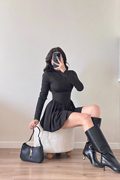 Eka Γυναικείο Μαύρο Φόρεμα Μπαλόνι από Ύφασμα Diver 1041-2717