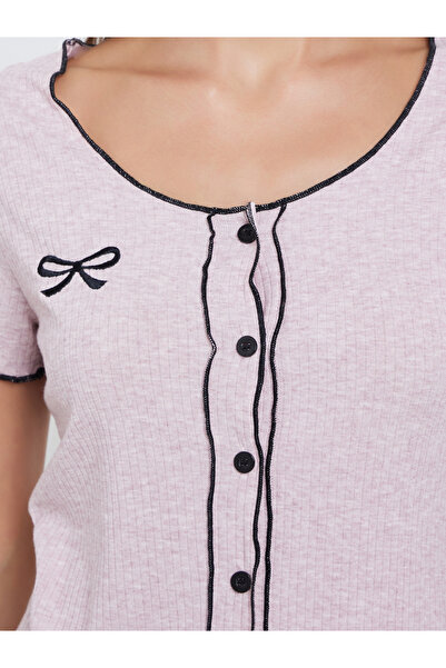 Styli Bow Embroidered Rib Contrast Stitch Shirt and Side Slit Pyjama Set