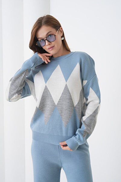 Noi Belis Oversized Plaid Patterned Crew Neck Knitwear Bottom-Top Set Aw25Au0030