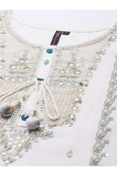 Ishin By Styli Off White Rayon Kurta with Pants and Dupatta Set