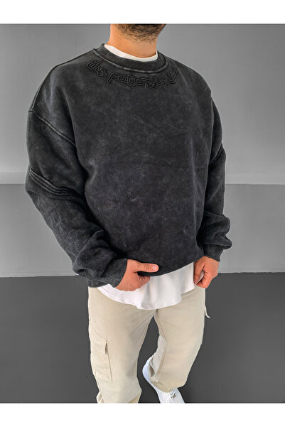 NO1 KONSEPT Φούτερ Premium oversized με κεντημένο ανθρακί χρώμα