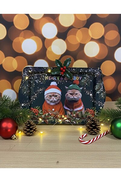 SERBEY Yılbaşı Konseptli Desenli Metal Sunum / Servis Tepsisi (25x16 cm)