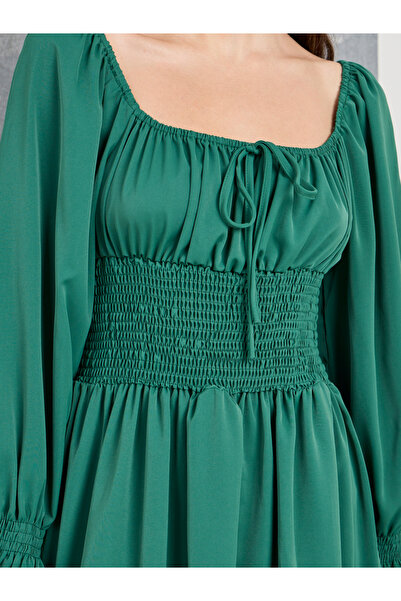 Take Two By Styli Square Neck Shirred A-Line Midi Dress