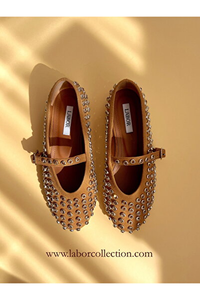 labor Selection Round Toe Suede Stone Embellished Ballerinas