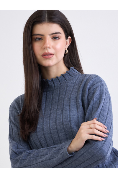 Styli Blue Ribbed Knit Longline Sweater and Pants Co-Ords