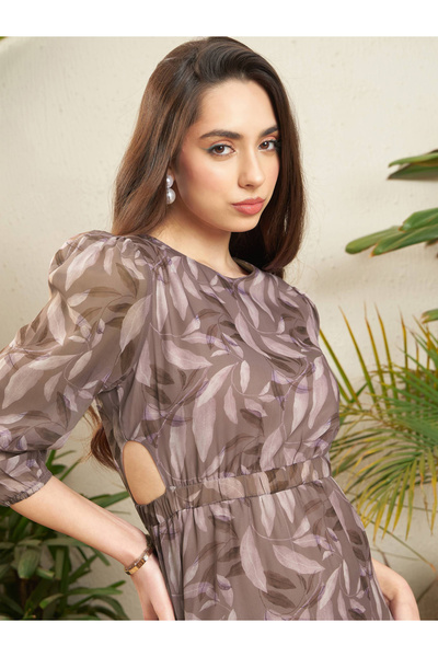 Sassafras By Styli Brown Leaf Print A-Line Midi Dress