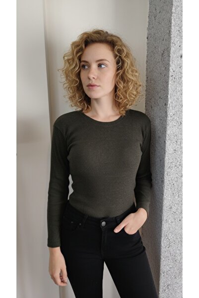 moda felinya Women's Round Neck Khaki Color Ribbed Body