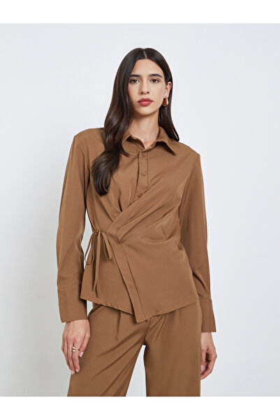Styli Brown Asymmetric Wrap Shirt and Pants Co-Ords