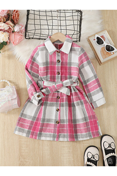 Take Two By Styli Girl's Checked Button Up Belted Long Sleeve Dress