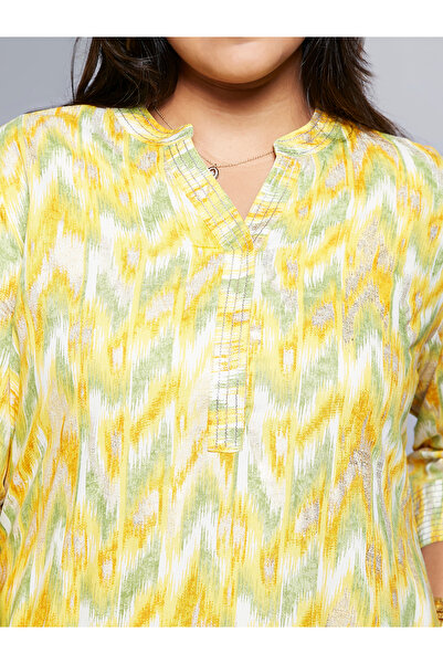 Globus By Styli Plus Size Yellow Chevron Print Zari Detail Kurta and Pants Workwear Set
