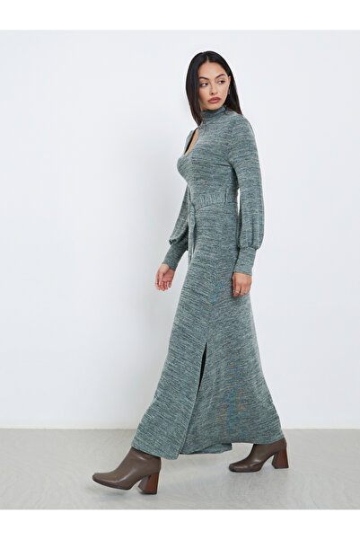 Styli Teal Cut-Out Detail Belted Sweater Maxi Dress