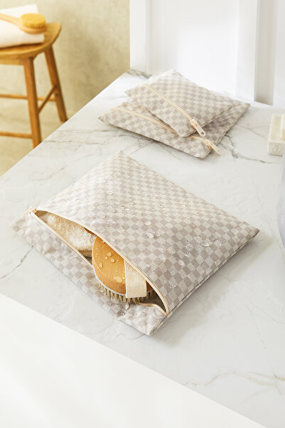 Ocean Home Textile 3-Piece Waterproof Pvc Lined Gray Checkerboard Pattern Swimsuit Wet Dry Dirty Clean Laundry Bag