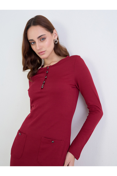 Styli Maroon Ribbed Sheath Midi Dress