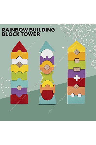 Stuniko Wooden Stacking Tower Building Set, Educational Toy for Children, 10 Pieces, Multicolor, 3+ years