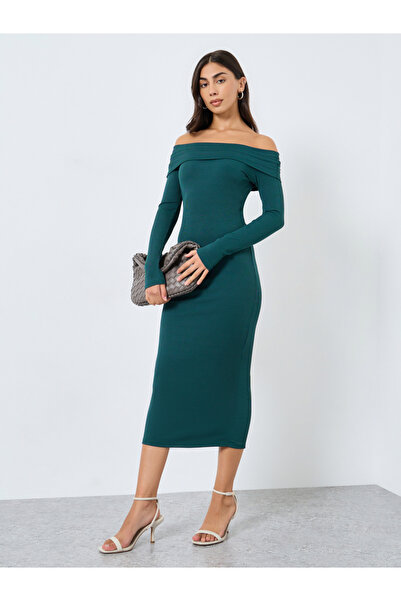 Styli Teal Ribbed Off Shoulder Midi Dress