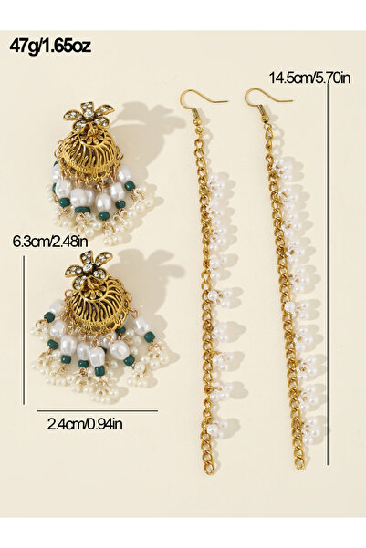 Take Two By Styli Embellished Bell Faux Pearl Hair Chain Jhumka Earrings