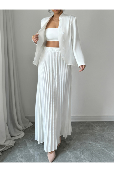 Take Two By Styli Stand Collar Button Front Blazer and Pleated Skirt Co-Ords