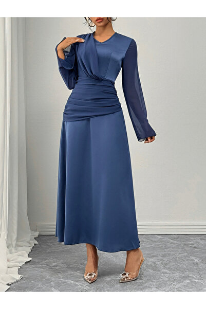 Take Two By Styli Dark Blue Ruched A-Line Maxi Dress