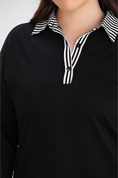 QUAWEAR Shirt Collar Sides Slit Striped Poplin Fabric Paneled Combed Cotton Fabric Tunic