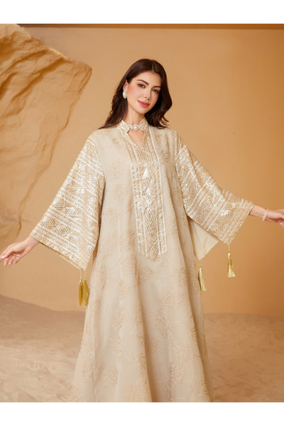 Take Two By Styli Beige Textured Sequins Embellished Jalabiya