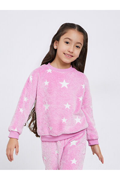 Styli Girls Pink Star Print Fleece Top with Pyjama Set