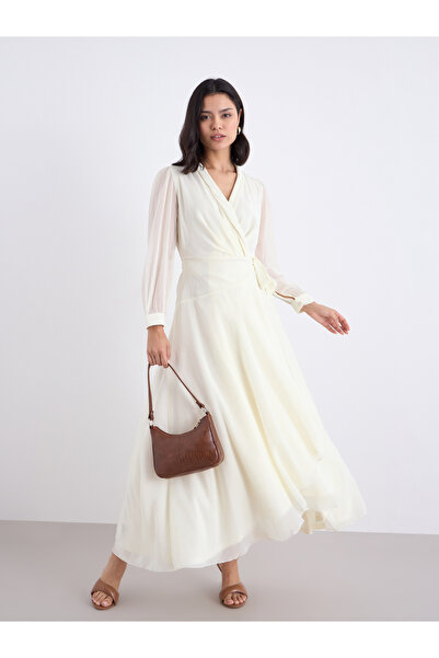 Styli Off White Tie Waist Wrap Midi Dress