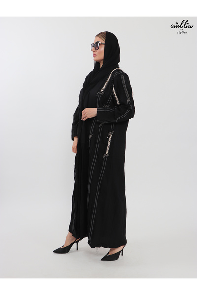 Stylish عباية لنن كسرات لف بلون أسود