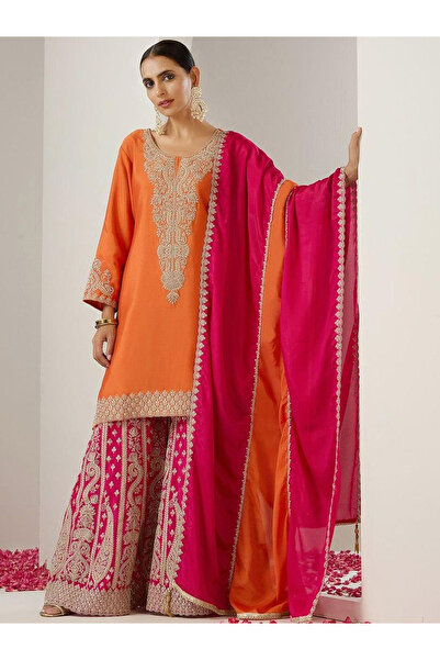 Ishin By Styli Orange Cotton Kurta with Pants and Dupatta Set