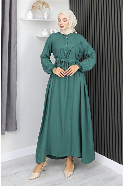 sefamerve Φόρεμα με ζώνη με μισό κουμπί από ύφασμα Belmando 2166-08 Πράσινο