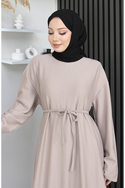 sefamerve Premium Fabric Belted Dress 2165-04 Beige