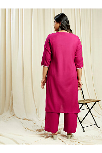 Globus By Styli Plus Size Pink Sequined Embroidered Yoke Kurta and Pants Festive Set