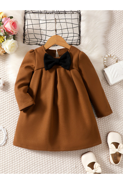 Take Two By Styli Girl's Solid Bow Detail Long Sleeve Dress